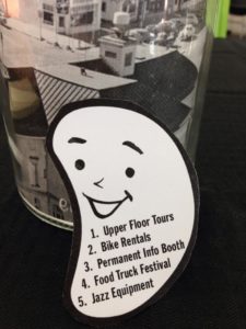 A list of project pitches: 1. Upper floor tours. 2. Bike rentals. 3. Permanent info booth. 4. Food truck festival. 5. Jazz equipment.