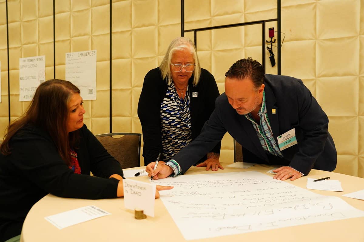 a group of people work around a table to apply the Idea Friendly Method to a rural challenge