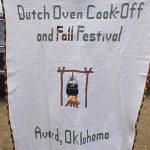Handmade afghan showing a dutch oven over a fire, with the words "7th Annual Dutch Oven Cook-Off and Fall Festival, Avard, Oklahoma"