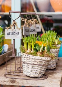 Baskets with labels that say "welcome"