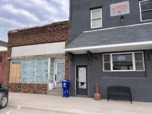 whited out windows in a building in Gowrie Iowa