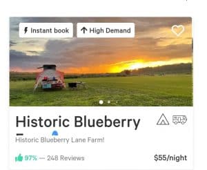 Screenshot of the Historic Blueberry listed on HipCamp