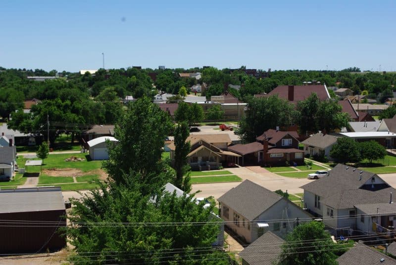 Elevated view of homes in the core of a small town