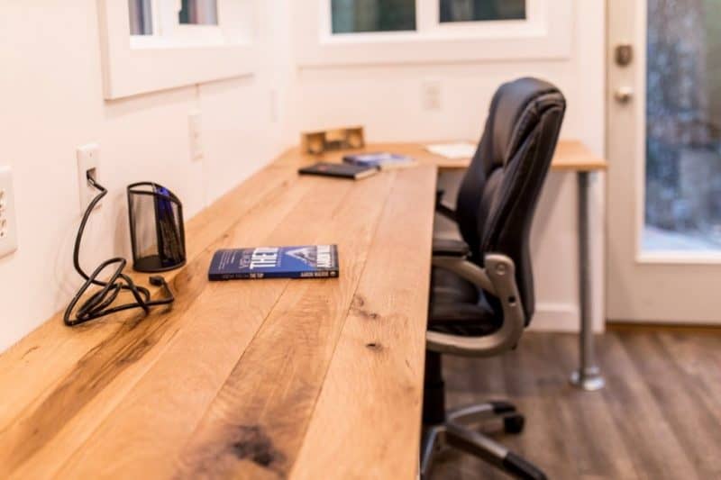 Desk and chair in tiny mobile office space