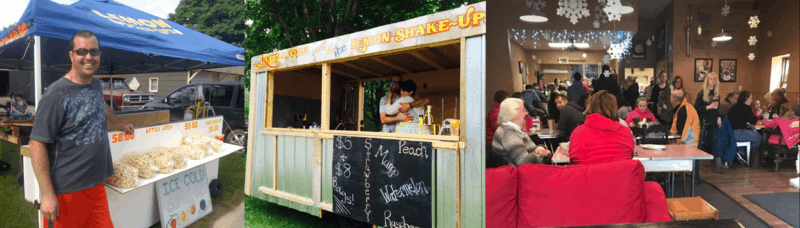 Kettle corn being sold from a stand in a yard, from a mobile trailer and from a coffee shop