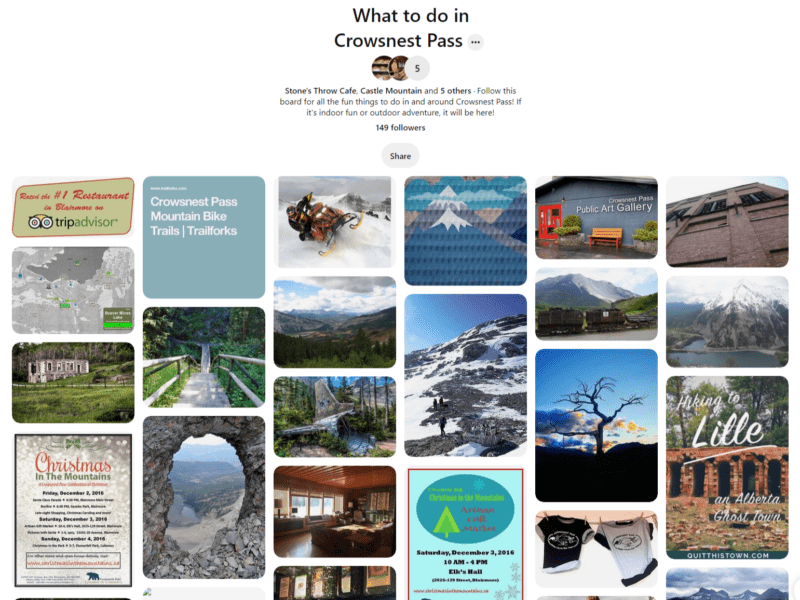 A Pinterest board showing local businesses and attractions in Crows Nest Pass, Alberta, Canada.